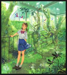 Rule 34 | 1girl, :d, ankle socks, bird, bow, bowtie, brown eyes, brown hair, bug, butterfly, collared shirt, flower, foliage, hand on railing, insect, loafers, looking at viewer, low twintails, making-of available, moss, nature, open mouth, original, overgrown, parrot, plant roots, pleated skirt, railing, scenery, school uniform, shirt, shoes, short sleeves, short twintails, skirt, smile, socks, solo, stairs, tree, twintails, yuu (mol)