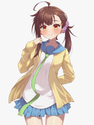 Rule 34 | 1girl, ahoge, arm behind back, blue skirt, blush, brown eyes, brown hair, brown jacket, closed mouth, commentary request, cowboy shot, grey background, hair ornament, hair scrunchie, hairclip, hand up, highres, jacket, long hair, long sleeves, looking at viewer, miniskirt, necktie, nisekoi, onodera haru, open clothes, open jacket, pleated skirt, ponytail, sailor collar, school uniform, scrunchie, shirt, skirt, smile, solo, standing, take (user ypzx8253), white shirt