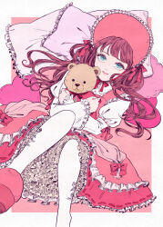Rule 34 | 1girl, 4awaseyo, aqua eyes, bow, brown hair, dress, frilled dress, frilled hat, frilled pillow, frills, hat, highres, juliet sleeves, lolita fashion, long hair, long sleeves, looking at viewer, making-of available, original, pantyhose, petticoat, pillow, pink dress, pink hat, pink theme, puffy sleeves, red bow, red ribbon, ribbon, ribbon trim, solo, stuffed animal, stuffed toy, teddy bear, white pantyhose