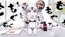 Rule 34 | 1girl, :i, abigail williams (fate), abigail williams (swimsuit foreigner) (fate), abigail williams (swimsuit foreigner) (first ascension) (fate), bare shoulders, barefoot, bikini, black bikini, black bow, black gloves, bow, chibi, closed mouth, coca-cola, collarbone, commentary request, double bun, eating, elbow gloves, fate/grand order, fate (series), food, food on face, full body, gloves, groin, hair bow, hair bun, highres, holding, holding food, indoors, looking at viewer, navel, neon-tetora, on floor, orange bow, parted bangs, pizza, pizza box, pizza slice, puffy cheeks, red eyes, sidelocks, silver hair, sitting, soda bottle, solo, sparkle, strapless, strapless bikini, swimsuit, translation request, v-shaped eyebrows, wariza