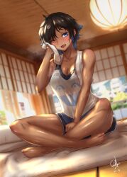 Rule 34 | 1girl, absurdres, bare arms, bare legs, bare shoulders, barefoot, black hair, black shorts, blue eyes, blue hair, breasts, ceiling, chinese commentary, cleavage, commentary request, dark-skinned female, dark skin, dated, dolphin shorts, dutch angle, fang, flamerush191, full body, futon, gradient hair, highres, holding, holding towel, indian style, indoors, lantern, looking at viewer, medium breasts, multicolored hair, one eye closed, original, paid reward available, paper lantern, short hair, short shorts, shorts, signature, sitting, solo, steaming body, sweat, tank top, tomboy, towel, towel around neck, two-tone hair, variant set, very sweaty, white tank top, wiping sweat