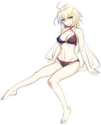 Rule 34 | 1girl, :d, ahoge, bare arms, bare legs, bare shoulders, barefoot, bikini, black bikini, black choker, breasts, brown eyes, choker, cleavage, collarbone, commentary request, fate/grand order, fate (series), groin, hair between eyes, head tilt, highres, jeanne d&#039;arc alter (swimsuit berserker) (fate), jeanne d&#039;arc (fate), jeanne d&#039;arc alter (fate), jeanne d&#039;arc alter (swimsuit berserker) (fate), large breasts, long hair, looking at viewer, navel, o-ring, o-ring bikini, o-ring bottom, o-ring top, open mouth, silver hair, simple background, smile, solo, swimsuit, very long hair, white background, youta