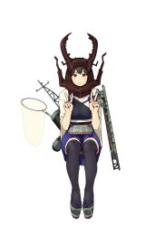 Rule 34 | 10s, 1girl, bad id, bad pixiv id, beetle, blush, brown eyes, brown hair, bug, double v, helmet, insect, japanese clothes, kaga (kancolle), kantai collection, onsen nakaya, personification, side ponytail, sitting, skirt, solo, thighhighs, transparent background, v