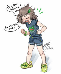 Rule 34 | 1girl, ahoge, alternate costume, blue legwear, blue shirt, blue shorts, blush, brown hair, buttons, child, closed eyes, crocs, denim, denim shorts, english text, exclamation mark, female focus, fingernails, freckles, frog, frog pin, full body, girutea, green footwear, green hair ornament, green wristband, hair ornament, hairclip, heart, indie virtual youtuber, jeans, knees, legs, lily hopkins, marvel, medium hair, merchandise, messy hair, morbius (film), neck, nose, open mouth, pants, pocket, print shirt, shadow, shirt, shirt tucked in, short-sleeved shirt, short sleeves, shorts, signature, simple background, solo, speech bubble, standing, t-shirt, teeth, tongue, upper teeth only, white background