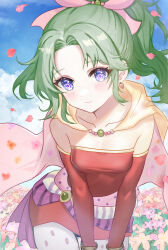Rule 34 | 1girl, absurdres, bare shoulders, blue sky, breasts, cape, detached sleeves, dress, earrings, eyelashes, final fantasy, final fantasy vi, flower, green hair, highres, jewelry, long hair, looking at viewer, petals, ponytail, purple eyes, red dress, sky, small breasts, smile, solo, strapless, strapless dress, tina branford, yua 666666