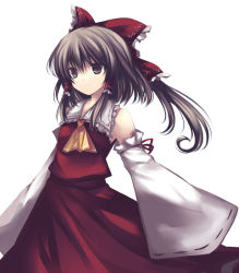 Rule 34 | 1girl, ascot, bad id, bad pixiv id, bare shoulders, bow, brown eyes, brown hair, detached sleeves, female focus, hair tubes, hakurei reimu, japanese clothes, long sleeves, looking at viewer, miko, ponytail, sidelocks, simple background, solo, takase kanan, touhou, white background