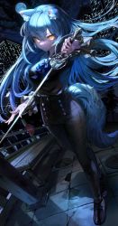 Rule 34 | 1girl, :&lt;, a0lp, animal ear fluff, animal ears, bench, black footwear, black pants, black shirt, blue hair, breasts, city, city lights, closed mouth, commentary request, floating hair, full body, full moon, gem, hair between eyes, highres, holding, holding sword, holding weapon, korean commentary, long hair, long sleeves, looking at viewer, moon, neckwear request, night, night sky, original, pants, shirt, shoes, sign, sky, solo, standing, sword, tail, v-shaped eyebrows, very long hair, warning sign, weapon, yellow eyes