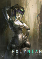 Rule 34 | android, breasts, city, clover (polynian), doll joints, green eyes, hand on own hip, highres, joints, leaning to the side, looking down, medium breasts, metal skin, navel, no humans, robot, robot neoanthropinae polynian, science fiction, solo, twisted torso, watermark, web address, yukishiro chifuyu