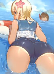 Rule 34 | 10s, 2girls, ass, ass focus, back, bad id, bad pixiv id, bare arms, blonde hair, blue eyes, blue sky, brown eyes, brown hair, cloud, covered mouth, crop top, day, eyebrows, flower, from behind, hair flower, hair ornament, highres, i-401 (kancolle), kantai collection, lifebuoy, long hair, looking at another, looking at viewer, looking back, mountain, mouth under water, multiple girls, one-piece swimsuit, one-piece tan, outdoors, parted lips, partially submerged, profile, ro-500 (kancolle), sailor collar, school swimsuit, shirt, sky, snorkel, swim ring, swimming, swimsuit, swimsuit under clothes, tan, tanline, timbougami, wet, wet clothes, wet shirt
