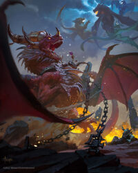 Rule 34 | 1boy, alexstrasza, animal focus, artist name, bayard wu, broken, broken chain, chain, claws, commentary, company name, copyright notice, deathwing, dragon, english commentary, fantasy, fire, flying, glowing, glowing eyes, highres, horn ornament, horn ring, horns, malygos, midair, multiple horns, nekros skullcrusher, nozdormu, official art, open mouth, orc, outdoors, overcast, red scales, rock, sharp teeth, signature, sky, spread wings, teeth, warcraft, western dragon, world of warcraft, yellow eyes, ysera