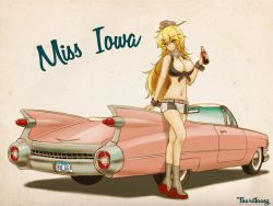 Rule 34 | 10s, 1girl, blonde hair, blue eyes, bottle, breasts, cadillac, car, coca-cola, front-tie top, iowa (kancolle), kantai collection, large breasts, long hair, mikey sukairain, miniskirt, motor vehicle, no legwear, sitting, skirt, solo, vehicle, vehicle focus