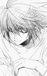 Rule 34 | 00s, 1boy, bags under eyes, death note, closed eyes, greyscale, l (death note), lowres, male focus, monochrome, sketch, solo