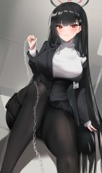 Rule 34 | 1girl, absurdres, black hair, black pantyhose, black suit, blue archive, chain, formal, hair ornament, hairclip, halo, highres, holding, holding chain, holster, holstered, id card, k 0art, long hair, pantyhose, pleated skirt, pouch, red eyes, rio (blue archive), sitting, skirt, suit, thigh holster, thigh pouch, turtleneck