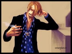 Rule 34 | 1boy, bad id, bad pixiv id, beard, black shirt, blonde hair, blue shirt, bolo tie, cigarette, collared shirt, copyright name, facial hair, frown, goatee, hair over one eye, leaning, male focus, one piece, one piece: strong world, pirate, polka dot, polka dot shirt, sanji (one piece), serious, shirt, short hair, solo, tsuyomaru, unbuttoned