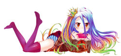 Rule 34 | 10s, 1girl, artist request, blush, child, crown, handheld game console, highres, long hair, multicolored hair, no game no life, panties, playing games, playstation portable, red eyes, shiro (no game no life), skirt, solo, striped clothes, striped panties, thighhighs, underwear