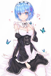 Rule 34 | 1girl, absurdres, bad id, bad pixiv id, bare shoulders, blue eyes, blue hair, blush, breasts, bug, butterfly, cleavage, commentary request, detached sleeves, dress, frills, hair ornament, hair over one eye, hair ribbon, highres, insect, large breasts, looking at viewer, maid, maid headdress, neon (hhs9444), pantyhose, re:zero kara hajimeru isekai seikatsu, rem (re:zero), ribbon, short hair, smile, solo, white pantyhose, x hair ornament