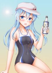 Rule 34 | 1girl, alcohol, anti (untea9), black one-piece swimsuit, blue eyes, blush, breasts, collarbone, competition swimsuit, flat cap, gradient background, grey hair, hair between eyes, hammer and sickle, hat, hibiki (kancolle), highres, kantai collection, long hair, looking at viewer, one-piece swimsuit, sitting, small breasts, solo, swimsuit, verniy (kancolle)