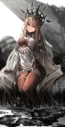 Rule 34 | 1girl, arm behind back, arm support, ash arms, bare shoulders, belt, blurry, blurry background, brown eyes, brown gloves, brown hair, claw (weapon), closed mouth, covered navel, crown, floating, gloves, hair between eyes, highres, light brown hair, long hair, looking at viewer, milaria, pillar, see-through, sitting, skindentation, smile, solo, star (symbol), thigh strap, triangle, triangle print, turtleneck, very long hair, water, weapon, wet