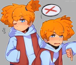Rule 34 | 1girl, asymmetrical hair, blue eyes, creatures (company), eyebrows, fang, game freak, highres, looking at viewer, misty (pokemon), nintendo, one eye closed, orange hair, pokemon, pokemon rgby, ponytail, short hair, side ponytail, solo, sweater, wink