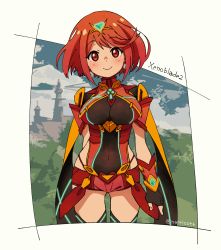 Rule 34 | 1girl, absurdres, blush, breasts, covered navel, earrings, fingerless gloves, gloves, hair ornament, highres, jewelry, large breasts, looking at viewer, nintendo, pyra (xenoblade), red eyes, red hair, short hair, shorts, sidelocks, simple background, smile, solo, tiara, xenoblade chronicles (series), xenoblade chronicles 2, xenoblade chronicles (series), xenoblade chronicles 2