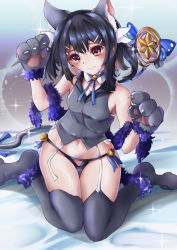 Rule 34 | 1girl, animal ears, animal hands, bare shoulders, bell, bikini, bikini bottom only, black bikini, black hair, blue ribbon, breasts, brown eyes, cat ears, cat tail, commentary, crotch cutout, detached collar, fate/grand order, fate/kaleid liner prisma illya, fate (series), gloves, gluteal fold, grey vest, hair ornament, hairclip, highres, kneeling, miyu edelfelt, paw gloves, paw pose, paw shoes, ribbon, shoes, shumiao, sleeveless, small breasts, swimsuit, tail, thigh gap, thighhighs, thighs, vest