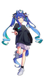 Rule 34 | 1girl, ahoge, animal ears, black footwear, black shirt, blue hair, breasts, casual, commentary request, full body, heterochromia, highres, horse ears, horse girl, horse tail, long sleeves, looking at viewer, noyk iv, shirt, shirt under shirt, shoes, short sleeves, shorts, simple background, small breasts, smile, sneakers, socks, solo, standing, standing on one leg, tail, teeth, twin turbo (umamusume), twintails, umamusume, v, white background, white footwear
