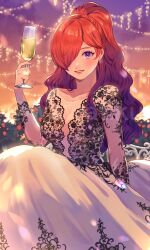Rule 34 | 1girl, alcohol, alternate costume, alternate hairstyle, collarbone, commission, cup, earrings, fire emblem, fire emblem: three houses, fire emblem warriors: three hopes, formal, glass, grin, hair over one eye, highres, holding, holding cup, jewelry, lips, long hair, long skirt, looking at viewer, mixed-language commentary, multicolored hair, nintendo, one eye covered, pink lips, purple eyes, purple hair, red hair, shez (female) (fire emblem), shez (fire emblem), skirt, smile, solo, two-tone hair, very long hair, wawatiku, white skirt