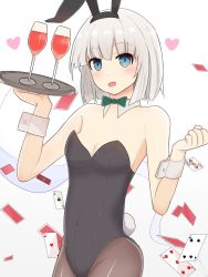 Rule 34 | animal ears, bare shoulders, bow, breasts, card, cleavage, commentary request, finaltakenoko, green bow, heart, highres, holding, holding plate, konpaku youmu, konpaku youmu (ghost), leotard, looking at viewer, open mouth, pantyhose, plate, playboy bunny, playing card, rabbit ears, rabbit tail, shiny skin, solo, tail, touhou, white hair