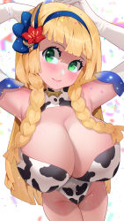 Rule 34 | 1girl, animal print, arms behind head, blonde hair, blush, braid, breasts, cleavage, confetti, cow print, creatures (company), elbow gloves, from above, game freak, gloves, green eyes, hair ornament, huge breasts, leaning forward, leotard, lillie (pokemon), long hair, looking at viewer, makeup, nail polish, nintendo, pokemon, pokemon masters ex, smile, solo, strapless, strapless leotard, sumisumii