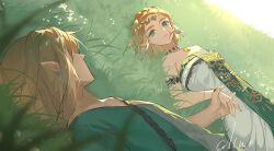 Rule 34 | absurdres, bead necklace, beads, blonde hair, braid, circlet, closed mouth, crown braid, dress, earrings, grasslands, green eyes, green tunic, highres, holding hands, jewelry, link, looking at another, lying, molianmengdada, necklace, nintendo, official alternate costume, on back, on ground, outdoors, parted bangs, pointy ears, princess zelda, short hair, signature, smile, strapless, strapless dress, the legend of zelda, the legend of zelda: tears of the kingdom, white dress