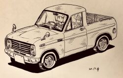Rule 34 | 1girl, character request, commentary request, copyright request, dated, datsan, driving, expressionless, hatching (texture), highres, jitome, marker (medium), medium hair, monochrome, motor vehicle, pickup truck, solo, steering wheel, traditional media, truck
