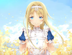 Rule 34 | 1girl, alice zuberg, apron, blonde hair, blue dress, blue eyes, blue sky, blush, cloud, crystal, day, dress, floating hair, flower, gem, glowing, hair intakes, hairband, highres, long hair, looking at viewer, outdoors, outstretched hand, parted lips, petals, puffy short sleeves, puffy sleeves, short sleeves, sky, smile, solo, sword art online, taro (ultrataro), upper body, white apron, white hairband, wind, yellow flower