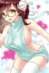 Rule 34 | 1girl, absurdres, animal ears, aran sweater, backless dress, backless outfit, bare shoulders, bikini, bikini bottom only, black-framed eyewear, blue bikini, blue dress, blue sweater, breasts, brown hair, cable knit, cowboy shot, davvworlds, drawstring, dress, glasses, hair between eyes, halterneck, highres, horns, large breasts, long hair, looking at viewer, looking over eyewear, meme attire, monster girl, naked sweater, no bra, open mouth, original, ribbed sweater, semi-rimless eyewear, sheep ears, sheep girl, sheep horns, sheep tail, sideboob, sleeveless, sleeveless turtleneck, smile, solo, string bikini, sweater, sweater dress, swimsuit, tail, thighhighs, turtleneck, turtleneck sweater, under-rim eyewear, virgin killer sweater, white thighhighs, yellow eyes