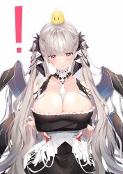 Rule 34 | !, 1girl, arms under breasts, azur lane, bare shoulders, between breasts, black dress, blush, breasts, cleavage, commentary request, cowboy shot, dress, flight deck, formidable (azur lane), frilled dress, frills, grey hair, hair ribbon, highres, hoerutarou, jewelry, large breasts, long hair, long sleeves, looking at viewer, manjuu (azur lane), pouty lips, red eyes, revision, ribbon, rigging, simple background, solo, tearing up, twintails, two-tone dress, two-tone ribbon, very long hair, white background