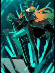 Rule 34 | 1girl, anchor, aqua necktie, aqua pants, arm up, black coat, black footwear, black shirt, black vest, closed mouth, coat, collared shirt, epaulettes, gradient hair, green hair, hat, highres, holding, holding anchor, ishmael (project moon), limbus company, long hair, looking at viewer, military hat, military uniform, multicolored hair, necktie, orange hair, pants, project moon, shiki (shikki46), shirt, shoes, solo, uniform, very long hair, vest