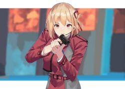 Rule 34 | 1girl, absurdres, aiming, aiming at viewer, belt, blonde hair, bow-shaped hair, closed mouth, earphones, fighting stance, finger on trigger, gar32, highres, jacket, looking at viewer, lycoris recoil, microphone, nishikigi chisato, red belt, red eyes, red jacket, solo