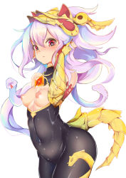 Rule 34 | 10s, 1girl, bare shoulders, blush, bodysuit, breasts, breasts out, covered navel, detached sleeves, elbow gloves, gauntlets, gloves, granblue fantasy, hair between eyes, highres, light purple hair, long hair, looking at viewer, medusa (shingeki no bahamut), nipples, pingqiong xiansheng, pointy ears, puffy nipples, red eyes, shingeki no bahamut, shiny clothes, small breasts, snake, snake hair, snake tail, solo, tail, turtleneck, very long hair