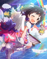 Rule 34 | 10s, 2girls, ;d, black hair, brown eyes, feathered wings, feathers, gloves, idolmaster, idolmaster million live!, kinoshita hinata, looking at viewer, multiple girls, nakatani iku, official art, one eye closed, open mouth, short hair, side ponytail, smile, solo focus, wings