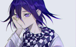 Rule 34 | 1boy, absurdres, checkered clothes, checkered scarf, closed mouth, danganronpa (series), danganronpa v3: killing harmony, grey background, grey jacket, hair between eyes, hand on own cheek, hand on own face, highres, jacket, male focus, oma kokichi, pink eyes, portrait, purple hair, scarf, short hair, simple background, solo, very fruity