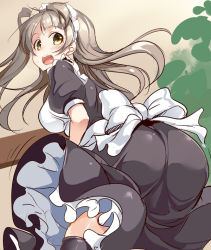 Rule 34 | 10s, 1girl, ajishio, apron, ass, blush, bow, brown eyes, brown hair, hair bow, long hair, looking at viewer, looking back, love live!, love live! school idol festival, love live! school idol project, maid, maid apron, maid headdress, minami kotori, open mouth, side ponytail, solo