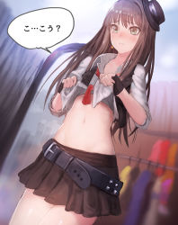 Rule 34 | 10s, 1girl, belt, black gloves, black skirt, brown hair, clothes lift, commentary request, fingerless gloves, gloves, green eyes, hat, idolmaster, idolmaster cinderella girls, indoors, lifted by self, long hair, meto31, midriff, navel, necktie, red necktie, rocking school, shibuya rin, shirt lift, skirt, solo, standing, stomach, translated