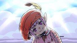 Rule 34 | 1girl, athena (ff14), beret, empty eyes, final fantasy, final fantasy xiv, hat, hat feather, head tilt, highres, jacket, lalafell, light smile, moodud, pink hair, pink jacket, pointy ears, purple eyes, red hat, signature, solo, sunlight, tataru taru, voice actor connection