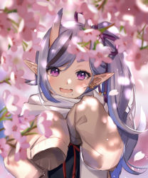 Rule 34 | 1girl, cherry blossoms, dappled sunlight, douya (233), earrings, flower, horns, jewelry, long hair, long sleeves, looking at viewer, mole, mole under mouth, multicolored hair, nijisanji, oni, open mouth, pink eyes, pointy ears, purple hair, rindou mikoto, side ponytail, skin-covered horns, sleeves past fingers, sleeves past wrists, smile, solo, sunlight, upper body, virtual youtuber