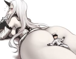 Rule 34 | 1boy, 1girl, abyssal ship, admiral (kancolle), ass, bare shoulders, between buttocks, blush, breasts, claws, curvy, detached sleeves, dress, finger to mouth, flying sweatdrops, giant, giantess, horns, huge ass, jacket, kantai collection, large breasts, long hair, looking back, lying, military, military uniform, naval uniform, on stomach, oni, pale skin, red eyes, ribbed dress, seaport princess, shadow, sideboob, simple background, single horn, size difference, thick thighs, thighs, uniform, utopia, white background, white dress, white hair, white jacket, wide hips, wide sleeves