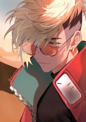 Rule 34 | 1boy, absurdres, artist name, black shirt, blonde hair, blue eyes, closed mouth, coat, collared coat, commentary, day, earrings, english commentary, eyelashes, glasses, gradient sky, hair over one eye, high collar, highres, jewelry, kiyukumaa, looking at viewer, looking to the side, male focus, mole, mole under eye, one eye covered, open clothes, open coat, orange-tinted eyewear, outdoors, red coat, round eyewear, shirt, short hair, sky, smile, solo, tinted eyewear, trigun, trigun stampede, turtleneck, twitter username, undercut, upper body, vash the stampede, zipper
