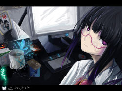 Rule 34 | 1girl, absurdres, bad id, bad pixiv id, bug, butterfly, coffee, computer, cup, drawing tablet, glasses, highres, insect, letterboxed, monitor, purple eyes, purple hair, solo, surolen