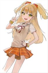 Rule 34 | 1girl, blonde hair, blush, bracelet, breasts, brown vest, fang, green eyes, hair bobbles, hair ornament, hand on own hip, highres, idolmaster, idolmaster cinderella girls, jewelry, jougasaki rika, logknn, long hair, looking at viewer, neck ribbon, open mouth, orange skirt, plaid, plaid skirt, red ribbon, ribbon, shirt, short sleeves, simple background, skirt, small breasts, solo, sweater vest, two side up, vest, w, white background, white shirt