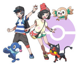 Rule 34 | &gt;:d, 1boy, 1girl, :d, animal hands, bad id, bad pixiv id, bag, bare arms, baseball cap, beanie, bird, black eyes, black pants, blue footwear, bob cut, bracelet, capri pants, cat, clenched hand, collarbone, creatures (company), elio (pokemon), feathers, floral print, flying, full body, game freak, gen 7 pokemon, green shorts, handbag, hat, highres, holding, holding poke ball, jewelry, leaf, leg up, legs apart, litten, looking at viewer, nintendo, open mouth, outline, owl, pants, parted bangs, pocket, poke ball, poke ball theme, pokemon, pokemon (creature), pokemon sm, popplio, red hat, rowlet, sea lion, selene (pokemon), shirt, shoes, short hair, short sleeves, shorts, simple background, smile, sneakers, standing, standing on one leg, starter pokemon trio, strap, striped clothes, striped shirt, tabby cat, teeth, tellzeta, tied shirt, tongue, v-shaped eyebrows, white background, yellow shirt, z-ring