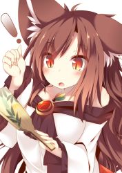 Rule 34 | !, 1girl, :o, animal ear fluff, animal ears, arm up, blush, breasts, brown hair, cleavage, collarbone, commentary request, daidai ookami, dress, fang, fingernails, hane (hanetsuki), hanetsuki, holding, imaizumi kagerou, long hair, long sleeves, medium breasts, off-shoulder shirt, off shoulder, open mouth, red eyes, red skirt, shirt, simple background, skirt, slit pupils, solo, touhou, upper body, very long hair, white background, white dress, wide sleeves, wolf ears