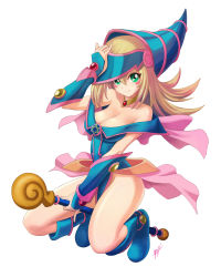 Rule 34 | 1girl, absurdres, bare shoulders, blonde hair, blue footwear, blush, blush stickers, boots, breasts, choker, cleavage, curvy, dark magician girl, duel monster, female focus, full body, green eyes, hat, highres, large breasts, long hair, magical girl, pentacle, ranh, shiny skin, skirt, smile, solo, staff, wizard hat, yu-gi-oh!, yu-gi-oh! duel monsters